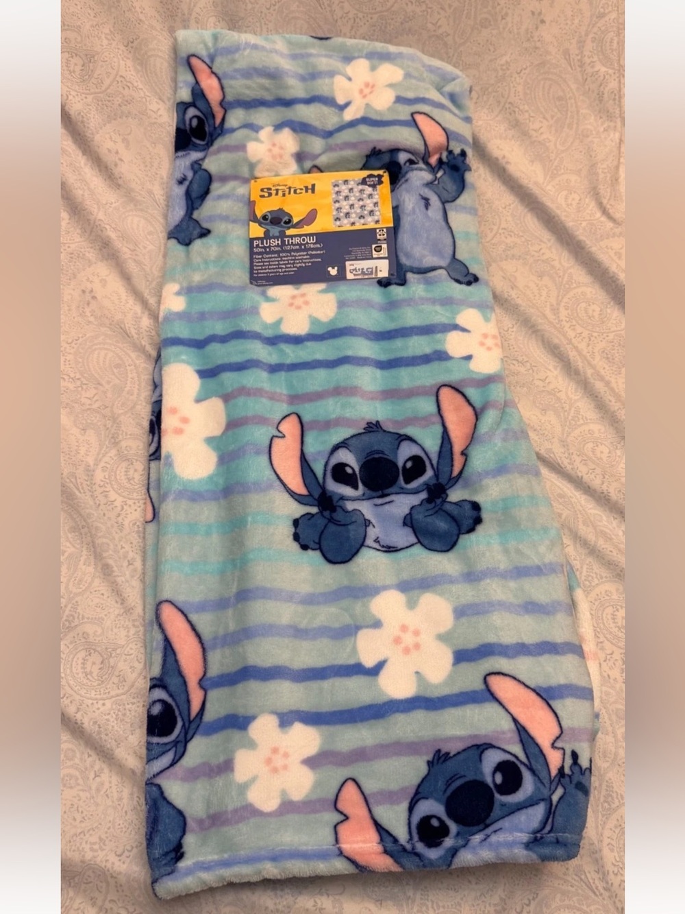Disney Stitch Blue Floral Plush Throw Blanket